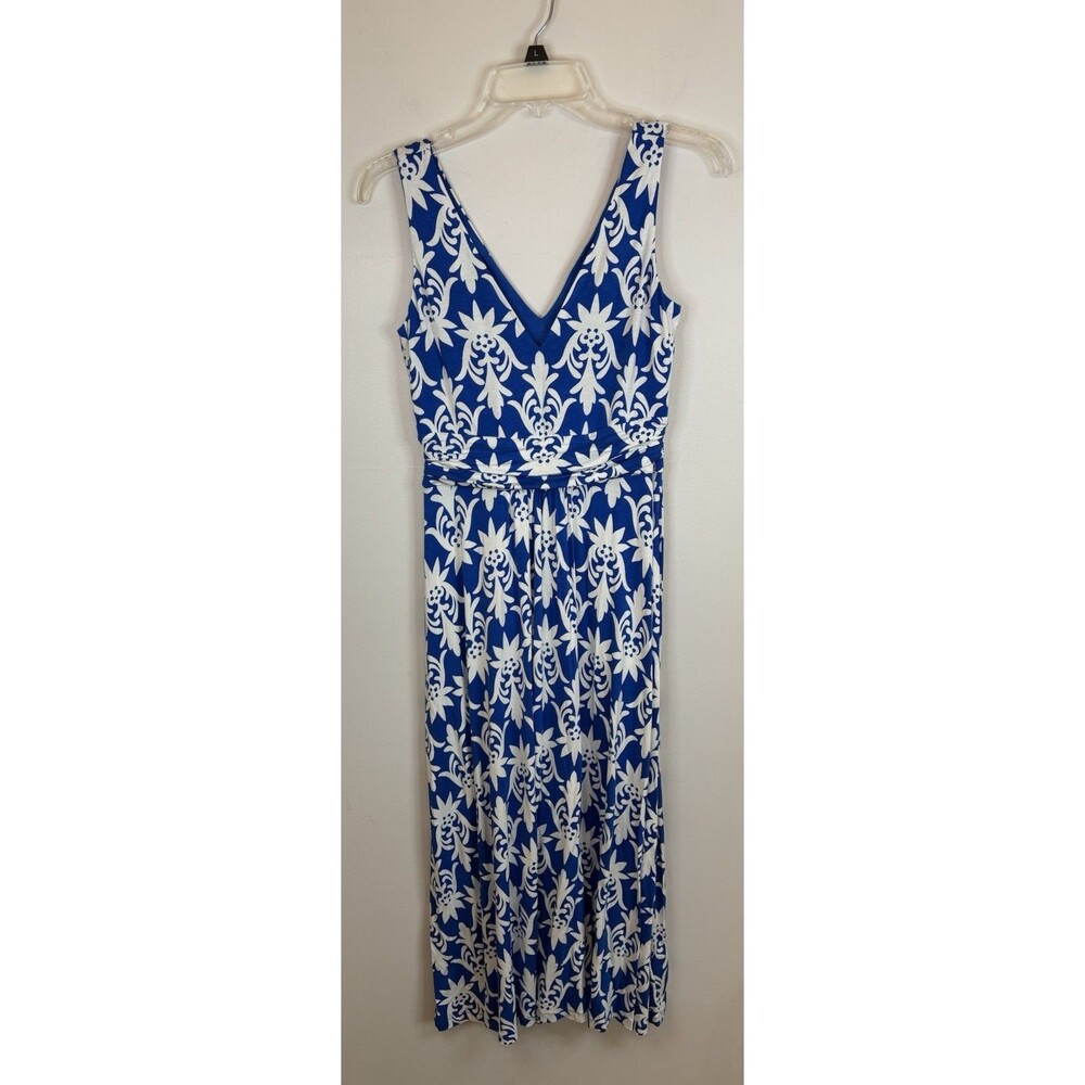 BODEN Damask Maxi Dress Navy White Floral Sleeveless Jersey Stretch 4 Petite